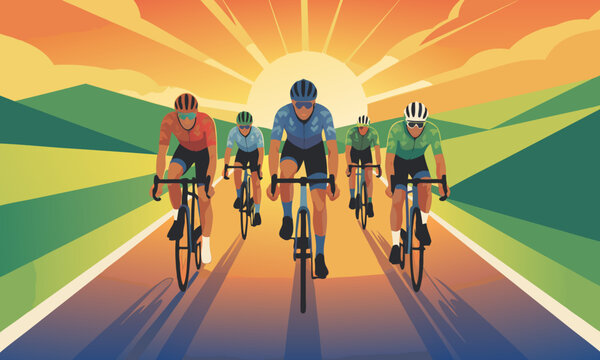 Cyclists Racing on Road with Colorful Uniforms.