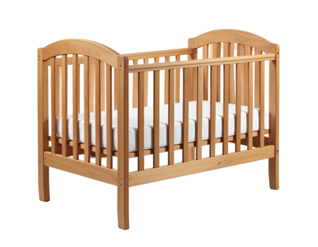 Wooden baby crib with a white mattress, side view, isolated on black background - Powered by Adobe