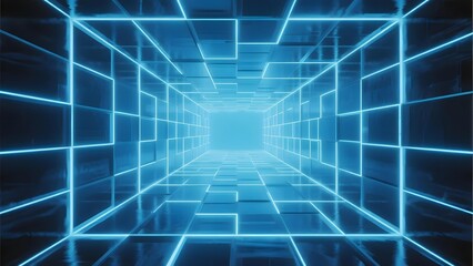 Neon blue grid tunnel with glowing lines creating a futuristic corridor effect