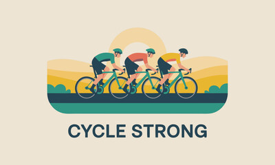 Three Cyclists Riding Bicycles in a Race Illustration.