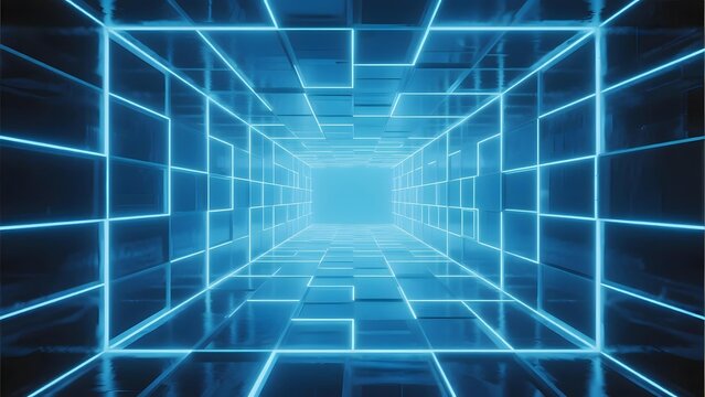 Fototapeta Neon blue grid tunnel with glowing lines creating a futuristic corridor effect