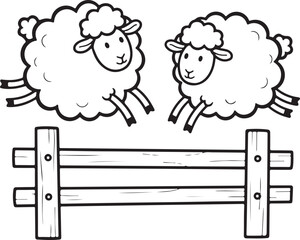 Cartoon Sheep Jumping Over Fence Line Art vector illustration