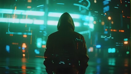 Silhouetted figure in hooded jacket standing in a neon-lit cyberpunk cityscape at night