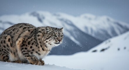 Fototapeta premium Snow leopard crouches in the snow, with a mountain range in the background, looking alert.