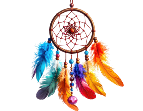A vibrant dreamcatcher with intricate web, beads, and colorful feathers