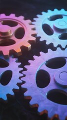 Colorful metallic gears interlocking in a mechanical arrangement with vibrant lighting effects