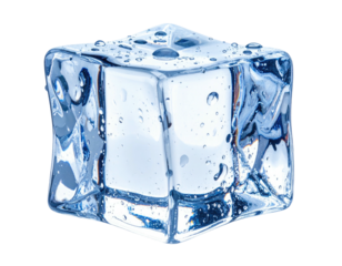 Close-up of a single, clear ice cube, with water droplets, against black