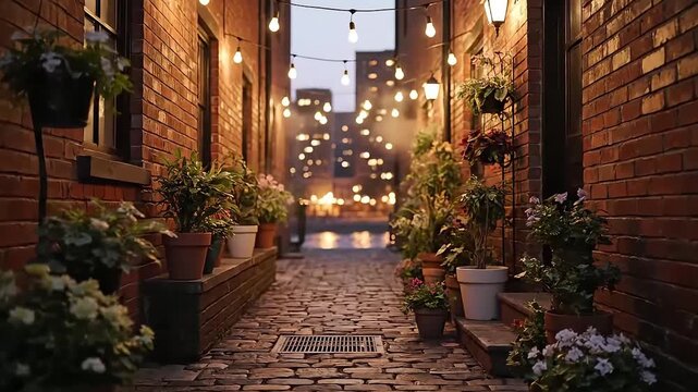 Charming urban alleyway at dusk beautifully adorned with string lights lush potted plants and rustic brick walls creating a cozy and inviting evening ambiance