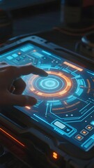 Hand interacting with a futuristic holographic touchscreen interface displaying glowing circuit patterns and data elements.