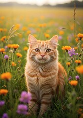 Obraz premium An adorable ginger tabby cat with bright eyes sits attentively in a vibrant meadow filled with yellow and purple wildflowers under soft, golden sunlight.