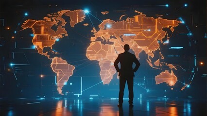 Silhouette of a person standing before a glowing digital world map with interconnected nodes and data streams.