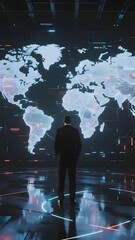 Man in suit standing before a glowing digital world map in a futuristic high-tech control room