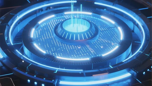 Futuristic circular platform with glowing blue lights and high-tech design elements