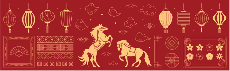 Festive Chinese New Year Celebration with Horses, Lanterns, and Ornate Designs