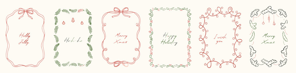Naklejka premium Collection of charming hand-drawn frames in soft pastel hues, adorned with delicate botanical details and elegant bows, ideal for invitations and celebratory designs