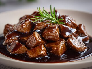 Delicious braised beef cubes glistening with rich brown sauce served with rosemary garnish on plate closeup.