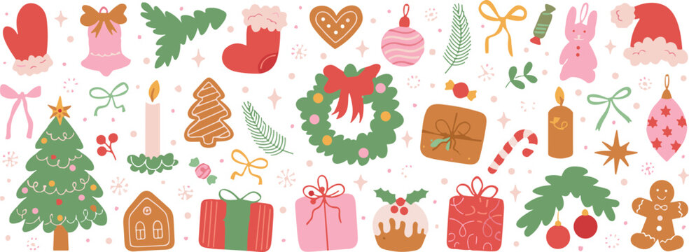 Charming set of festive Christmas holiday illustrations and decorative elements, perfect for seasonal design projects, winter greeting cards, and cheerful celebration backgrounds