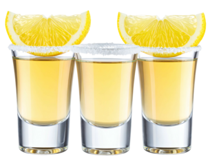 Three shot glasses filled with clear liquor, rimmed with salt, lemon wedges