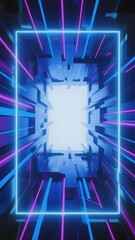 Neon-lit futuristic tunnel with glowing blue and purple lines converging toward a bright light at the center.