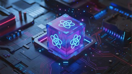 Glowing quantum cube with atomic symbols on a futuristic circuit board