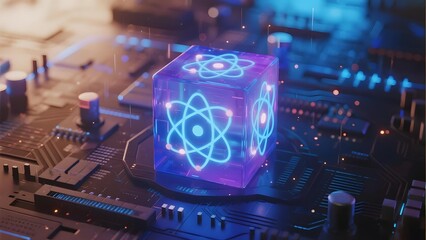 A glowing quantum cube with atomic symbols floats above a detailed circuit board, symbolizing advanced technology and scientific innovation.