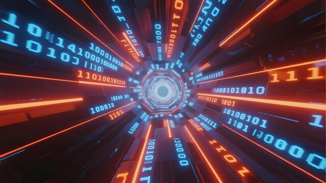 Digital tunnel with binary code and glowing neon lines creating a futuristic data corridor - Powered by Adobe