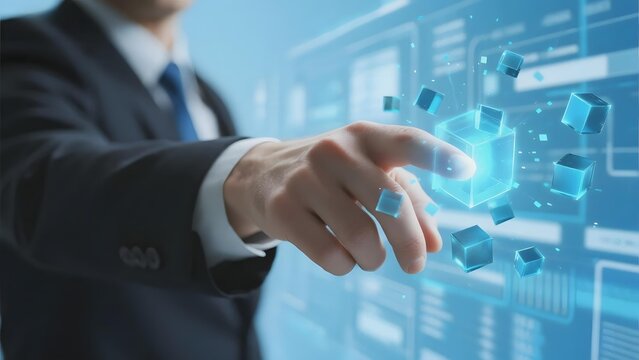 Businessman interacting with holographic digital cubes in a futuristic technology interface