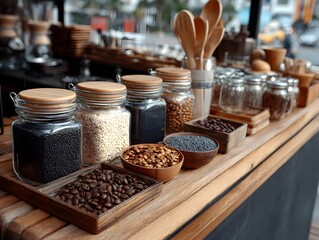 A variety of spices, seeds, and coffee beans are arranged in glass jars on the wooden counter display.