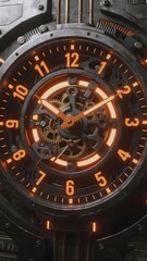 Naklejka premium Close-up of a steampunk-style mechanical clock with glowing orange numerals and visible gears