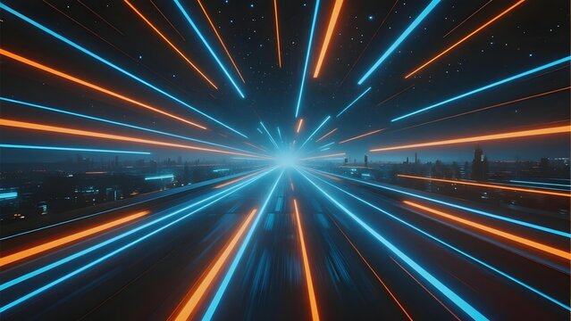 Abstract digital tunnel with glowing blue and orange light streaks converging toward a bright center, set against a dark cityscape background.