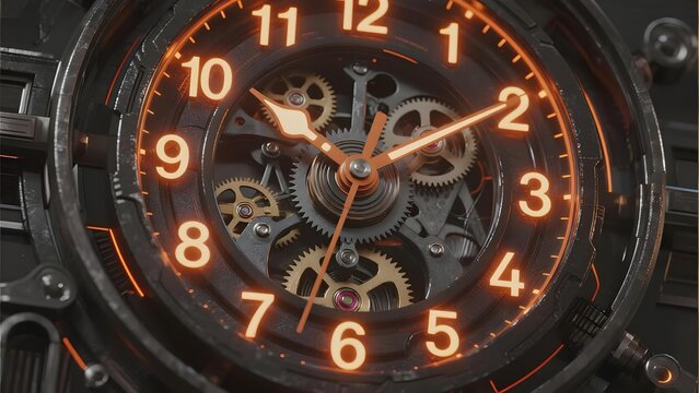 Close-up of a mechanical clock with illuminated orange numbers and visible gears