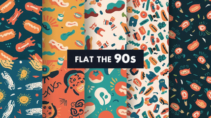Many colorful abstract seamless patterns with a flat 90s style. Perfect for retrothemed designs, textiles, wallpaper, and stationery.