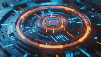 Futuristic circular interface with glowing orange and blue circuit patterns, resembling advanced technology or artificial intelligence system.