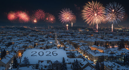 Fireworks Over Snowy City: Capturing a dazzling aerial view of a snow-covered city at night, illuminated by vibrant fireworks, with a prominent display of 2026 in the snow.