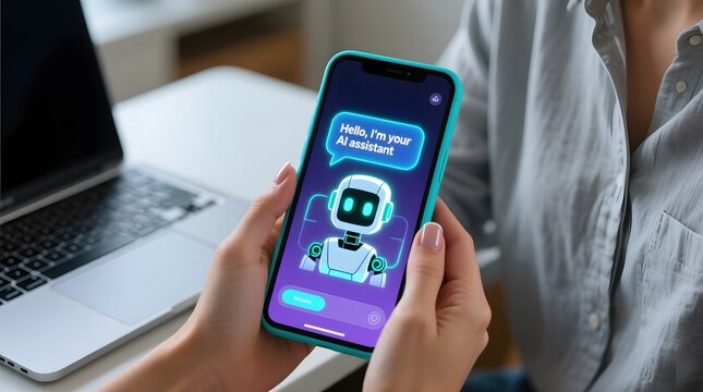 Person holding a smartphone displaying a friendly ai chatbot interface with a robot avatar and a speech bubble saying hello, im your assistant, representing conversational ai and customer support