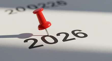 Year 2026 Marked: A calendar page highlights the year 2026, emphasized by a red pushpin. This conceptual image symbolizes planning, deadlines, and forward thinking. 