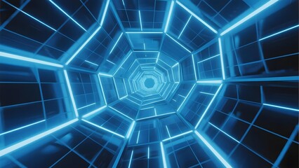 Futuristic blue neon tunnel with geometric hexagonal pattern and glowing lines creating a deep perspective effect