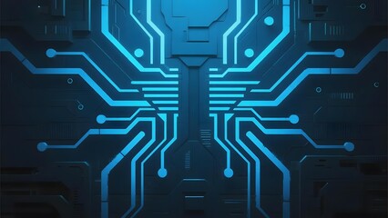 Obraz premium Abstract digital circuit board with glowing blue pathways on a dark background