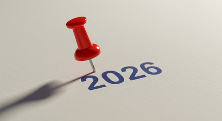 Pinpointing the Future: A vibrant red pin strategically marks the year 2026 on a textured paper backdrop, representing a focus on the future