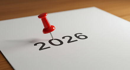 Year 2026 Marked: A visual representation of the year 2026 is prominently displayed, marked with a pin, against a blurred background, highlighting the significance of planning, goals.