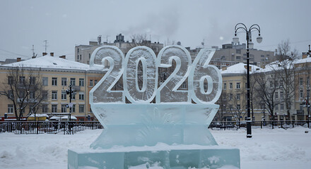 Ice Sculpture of 2026: A large ice sculpture displaying the number 2026 stands prominently in a snowy outdoor setting, against a backdrop of buildings under an overcast sky.