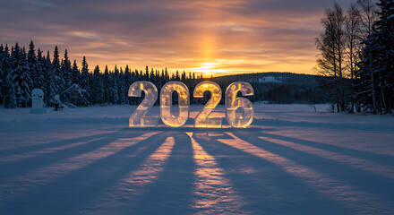 2026 New Year in Winter Wonderland: The illuminated year 2026 casts a stunning shadow across a snow-covered landscape, while the setting sun paints the sky with warm hues. 