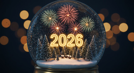 A Glimpse into 2026:  An enchanting snow globe holds a miniature winter scene, with fireworks illuminating the year 2026 for an inspiring, festive New Year atmosphere.