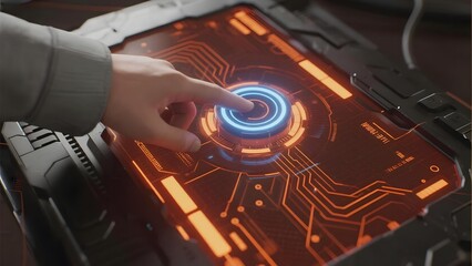Hand interacting with a futuristic holographic interface on a high-tech device