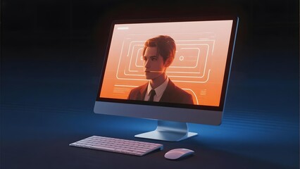 Computer monitor displaying a person in a suit with digital interface graphics on screen