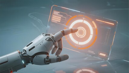 Robotic hand interacting with a futuristic holographic interface