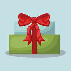 Festive Red Bow Adorning Stacked Green and Blue Gift Boxes on a Light Blue Background