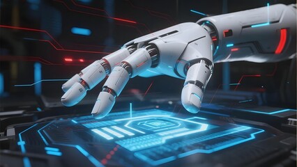 Robotic hand interacting with futuristic holographic interface in a high-tech environment