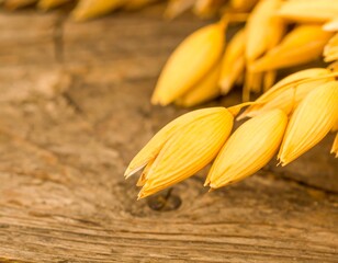 Close-up of golden oat heads on weathered wood