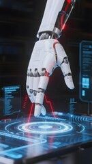 Robotic hand interacting with futuristic holographic interface in a high-tech environment